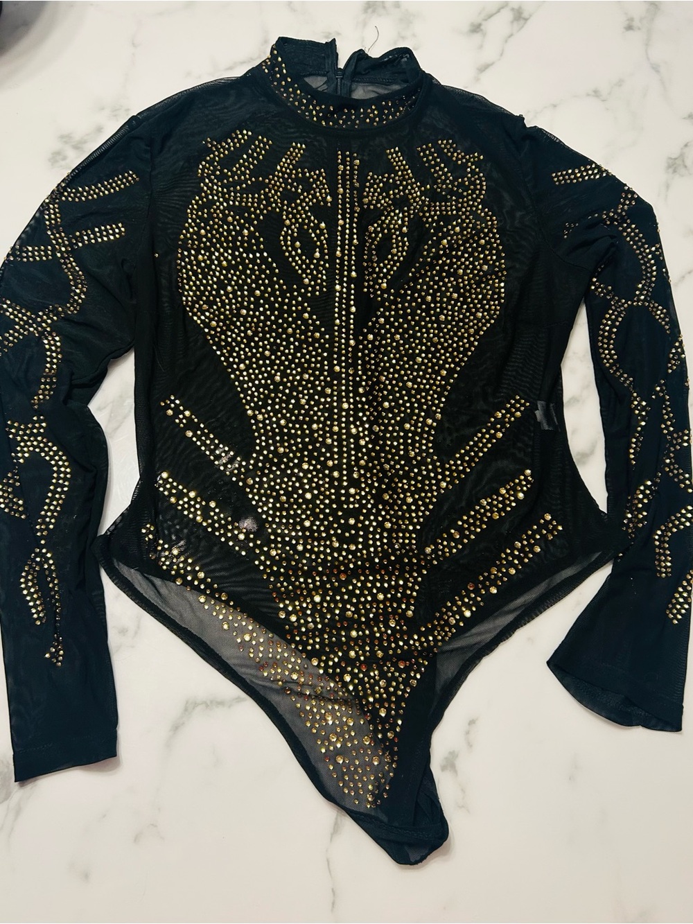 Black Mesh Long-Sleeve Bodysuit with Gold Stud Pattern